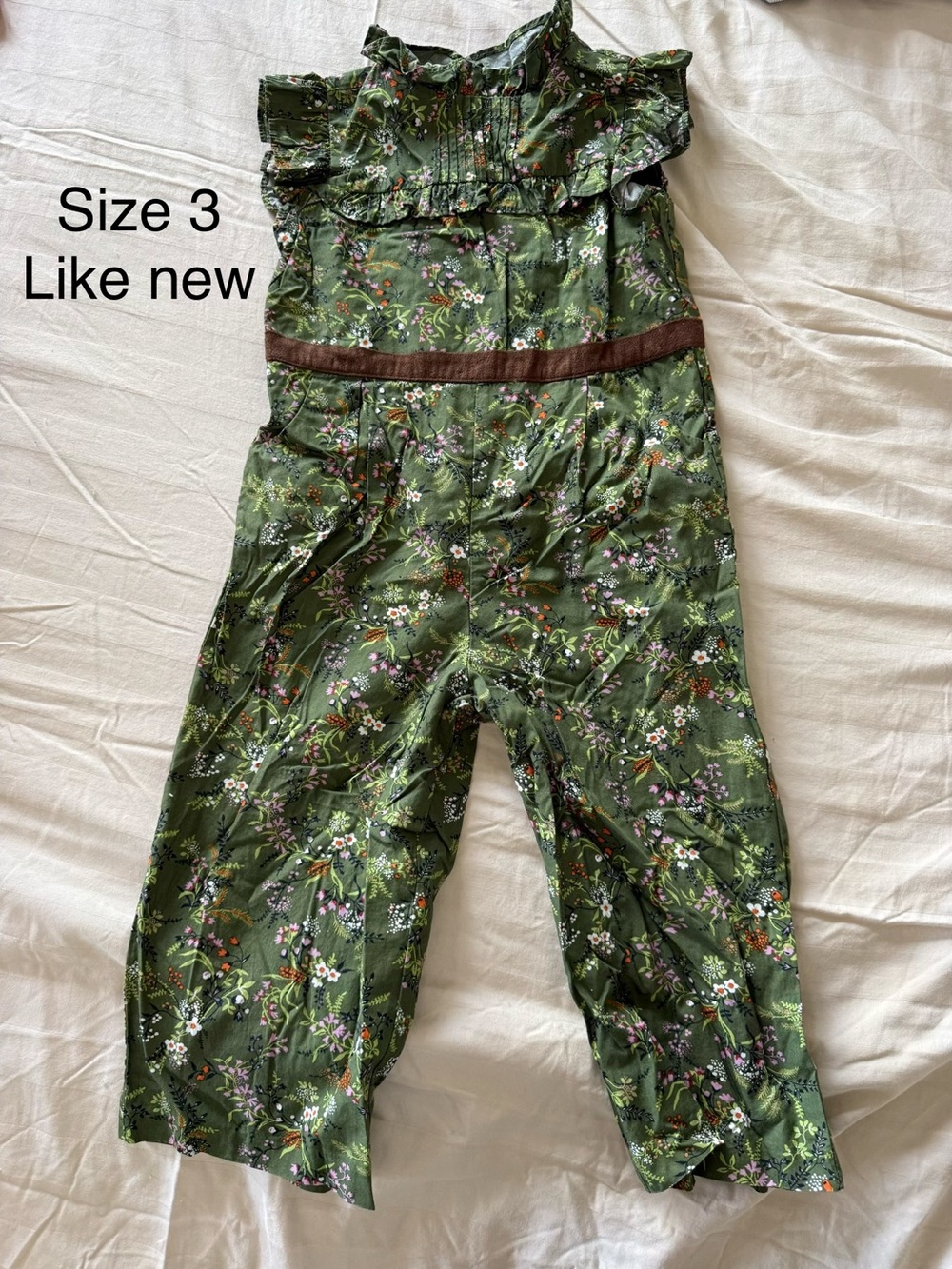 Janie & Jack Girls Green Floral Jumpsuit with Ruffle Bodice | Size 3